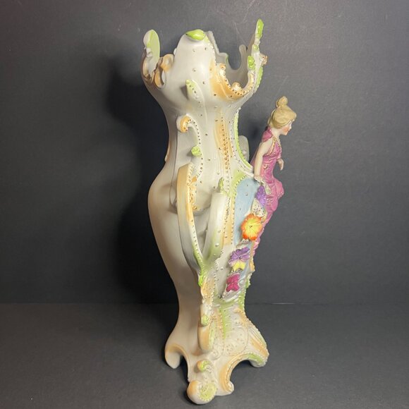 Vintage Rare Saxony Art Nouveau Porcelain Floral Woman Figural Vase 12.5" - Picture 3 of 10